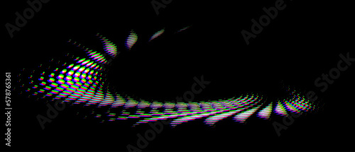 Punched halftone dotted  radial frame with tufted bottom with CMYK color shift or glitch on black background. Confetti effect. The lining changes the color scheme. Vector.