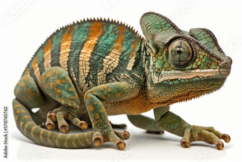 In front of a white backdrop, an 18 month old Furcifer pardalis chameleon displays its distinctive ambilobe pattern. Generative AI
