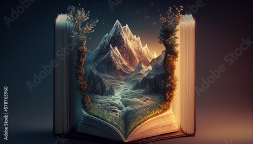 The Mythical Book of Legends: A Breathtaking Natural Landscape with Mountain Peaks, Rocky Outcroppings, and Meandering Rivers.. Generative Ai