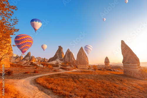 Panorama Landscape autumn Valley of Love in Cappadocia with sunset. Concept travel Goreme Turkey