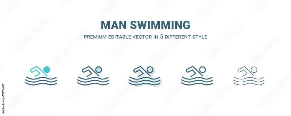 man swimming icon in 5 different style. Outline, filled, two color, thin man swimming icon isolated on white background. Editable vector can be used web and mobile man swimming icon in 5 different style. Outline, filled, two color, thin man swimming icon isolated on white background. Editable vector can be used web and mobile