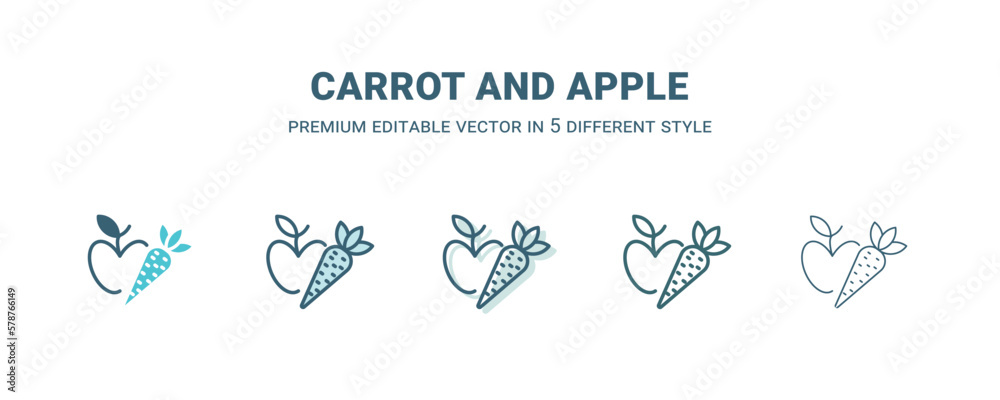carrot and apple icon in 5 different style. Outline, filled, two color, thin carrot and apple icon isolated on white background. Editable vector can be used web and mobile