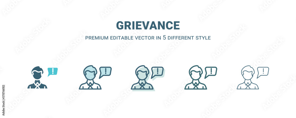 grievance icon in 5 different style. Outline, filled, two color, thin grievance icon isolated on white background. Editable vector can be used web and mobile