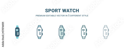 sport watch icon in 5 different style. Outline, filled, two color, thin sport watch icon isolated on white background. Editable vector can be used web and mobile