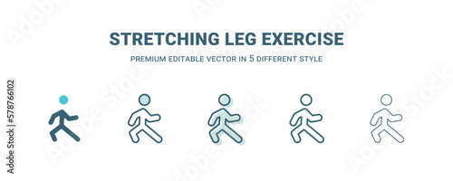 stretching leg exercise icon in 5 different style. Outline, filled, two color, thin stretching leg exercise icon isolated on white background. Editable vector can be used web and mobile