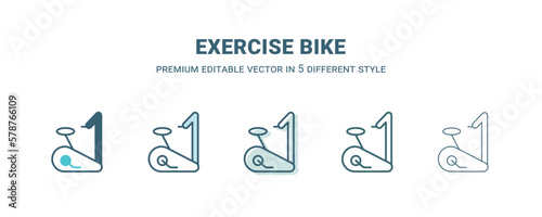 exercise bike icon in 5 different style. Outline, filled, two color, thin exercise bike icon isolated on white background. Editable vector can be used web and mobile