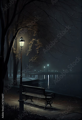 Beautiful city park in the rays of moonlight and lights on. AI generated