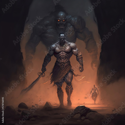 A big man with a sword standing with his very big demon, Fantasy art Fototapet