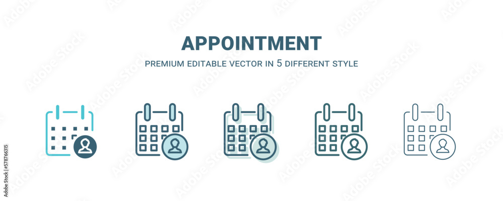 appointment icon in 5 different style. Outline, filled, two color, thin appointment icon isolated on white background. Editable vector can be used web and mobile