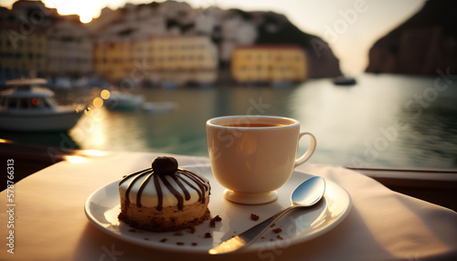 Tela Cup of tea with dessert on background of picturesque Italian coast