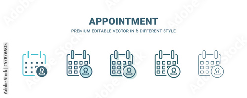 appointment icon in 5 different style. Outline, filled, two color, thin appointment icon isolated on white background. Editable vector can be used web and mobile