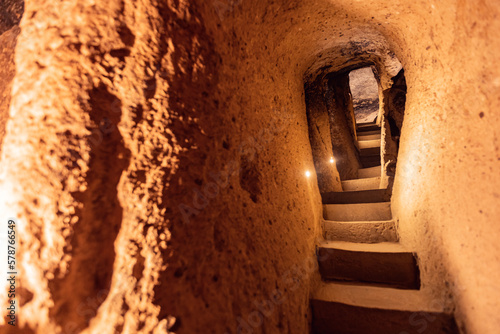 Derinkuyu underground city ancient cave in Cappadocia, Turkey, travel place of Goreme