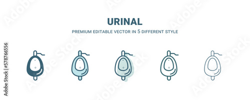 urinal icon in 5 different style. Outline, filled, two color, thin urinal icon isolated on white background. Editable vector can be used web and mobile