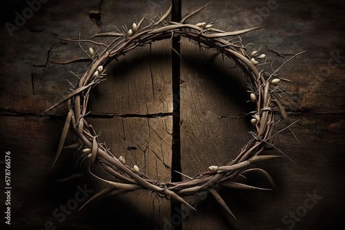 On a dark wooden background, a crown of thorns stands out. Generative AI