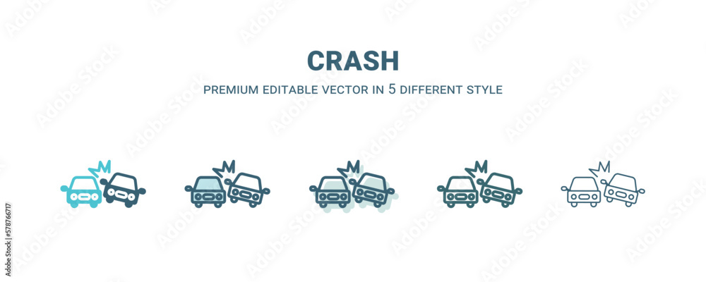 crash icon in 5 different style. Outline, filled, two color, thin crash icon isolated on white background. Editable vector can be used web and mobile