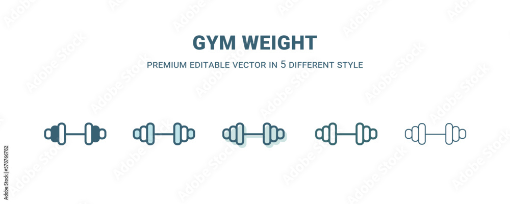 gym weight icon in 5 different style. Outline, filled, two color, thin gym weight icon isolated on white background. Editable vector can be used web and mobile gym weight icon in 5 different style. Outline, filled, two color, thin gym weight icon isolated on white background. Editable vector can be used web and mobile