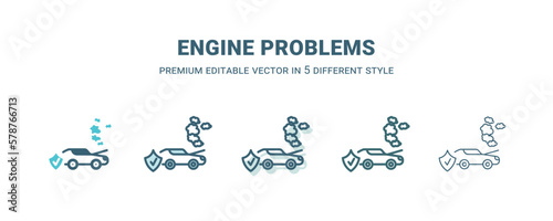engine problems icon in 5 different style. Outline, filled, two color, thin engine problems icon isolated on white background. Editable vector can be used web and mobile