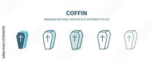 coffin icon in 5 different style. Outline  filled  two color  thin coffin icon isolated on white background. Editable vector can be used web and mobile