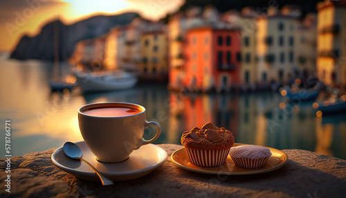 Fotografia Cup of coffee with dessert on background of picturesque Italian coast