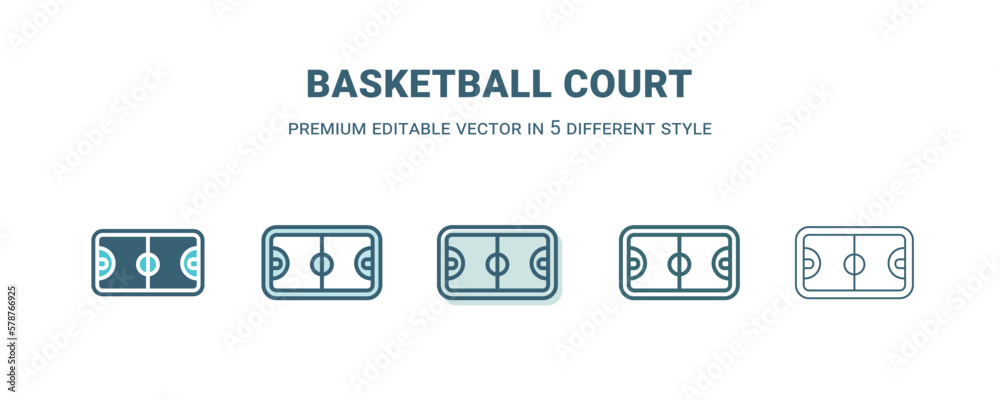 basketball court icon in 5 different style. Outline, filled, two color, thin basketball court icon isolated on white background. Editable vector can be used web and mobile