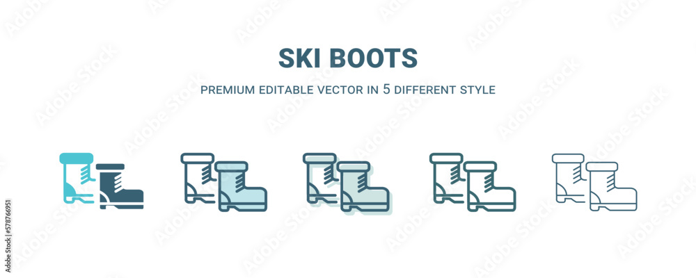 ski boots icon in 5 different style. Outline, filled, two color, thin ski boots icon isolated on white background. Editable vector can be used web and mobile