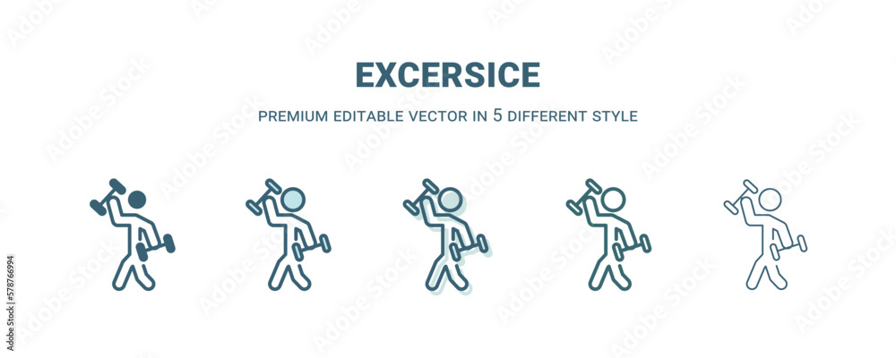 excersice icon in 5 different style. Outline, filled, two color, thin excersice icon isolated on white background. Editable vector can be used web and mobile