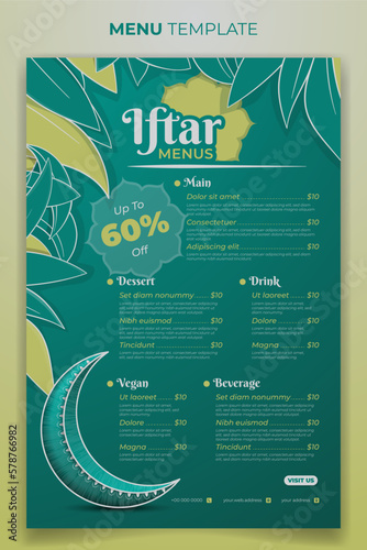 Iftar menu template in green hand drawn background design for ramadan kareem event
