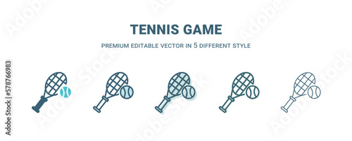 tennis game icon in 5 different style. Outline, filled, two color, thin tennis game icon isolated on white background. Editable vector can be used web and mobile