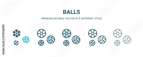 balls icon in 5 different style. Outline, filled, two color, thin balls icon isolated on white background. Editable vector can be used web and mobile