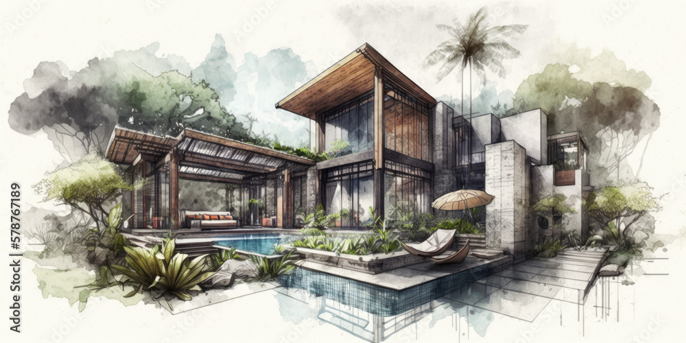Sketch of luxury modern holiday pool villa
