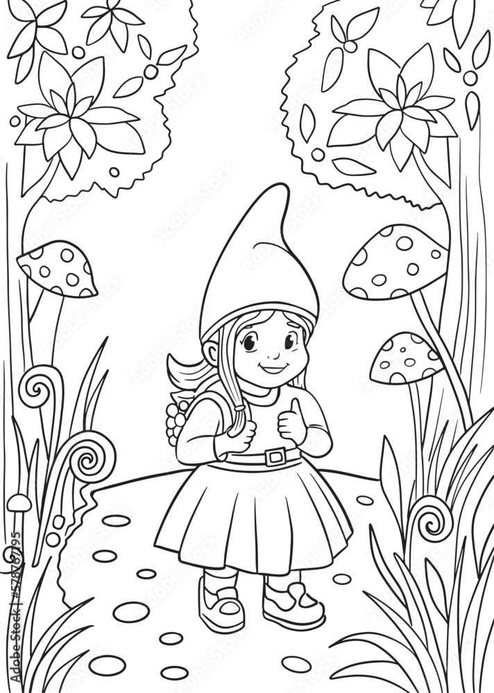 Vector coloring book for children and adults with a gnome girl in the forest with flowers and mushrooms