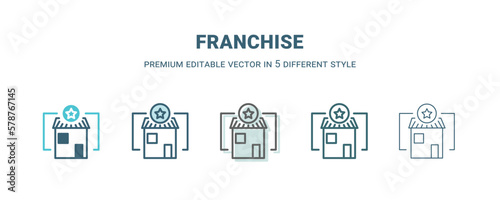 franchise icon in 5 different style. Outline, filled, two color, thin franchise icon isolated on white background. Editable vector can be used web and mobile