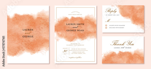 wedding invitation set with abstract orange watercolor background