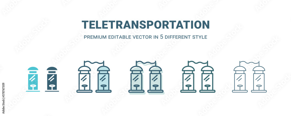 teletransportation icon in 5 different style. Outline, filled, two color, thin teletransportation icon isolated on white background. Editable vector can be used web and mobile