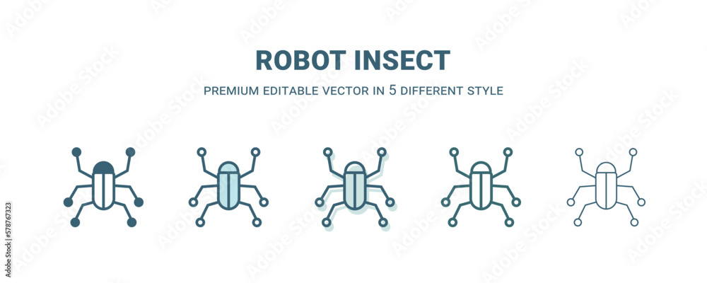 robot insect icon in 5 different style. Outline, filled, two color, thin robot insect icon isolated on white background. Editable vector can be used web and mobile