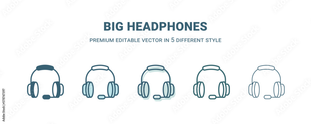big headphones icon in 5 different style. Outline, filled, two color, thin big headphones icon isolated on white background. Editable vector can be used web and mobile big headphones icon in 5 different style. Outline, filled, two color, thin big headphones icon isolated on white background. Editable vector can be used web and mobile