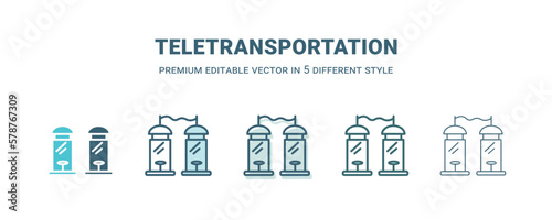 teletransportation icon in 5 different style. Outline, filled, two color, thin teletransportation icon isolated on white background. Editable vector can be used web and mobile