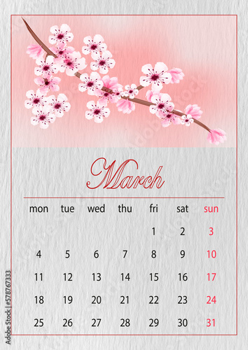 March,Simple european 2024 year vector calendar
