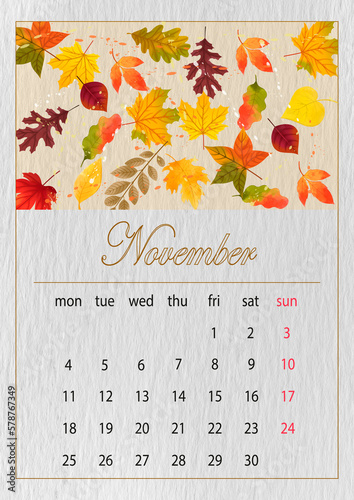 November,Simple european 2024 year vector calendar