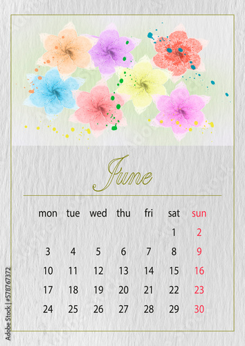 June,Simple european 2024 year vector calendar