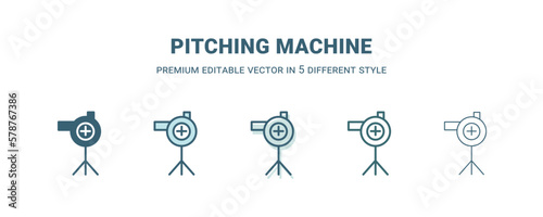 pitching machine icon in 5 different style. Outline, filled, two color, thin pitching machine icon isolated on white background. Editable vector can be used web and mobile