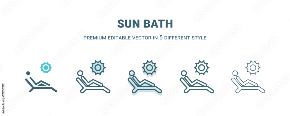 sun bath icon in 5 different style. Outline, filled, two color, thin sun bath icon isolated on white background. Editable vector can be used web and mobile sun bath icon in 5 different style. Outline, filled, two color, thin sun bath icon isolated on white background. Editable vector can be used web and mobile