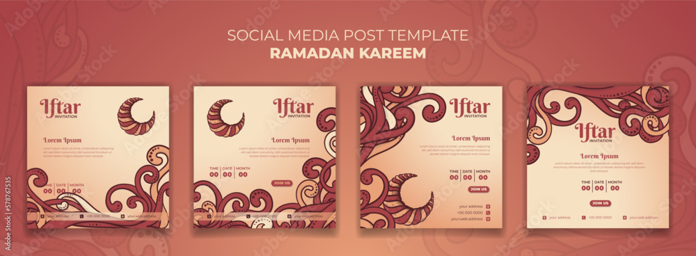 Set of ramadan kareem social media post template with hand drawn ornamental design