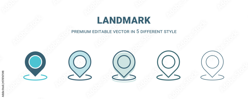 landmark icon in 5 different style. Outline, filled, two color, thin landmark icon isolated on white background. Editable vector can be used web and mobile