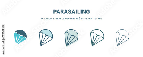parasailing icon in 5 different style. Outline, filled, two color, thin parasailing icon isolated on white background. Editable vector can be used web and mobile