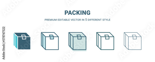 packing icon in 5 different style. Outline, filled, two color, thin packing icon isolated on white background. Editable vector can be used web and mobile