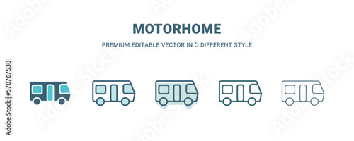 motorhome icon in 5 different style. Outline, filled, two color, thin motorhome icon isolated on white background. Editable vector can be used web and mobile