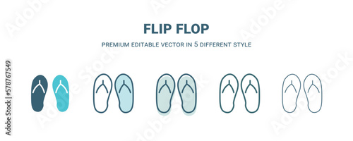 flip flop icon in 5 different style. Outline, filled, two color, thin flip flop icon isolated on white background. Editable vector can be used web and mobile