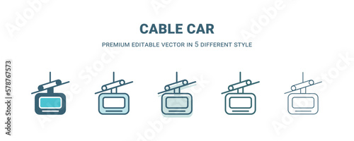 cable car icon in 5 different style. Outline, filled, two color, thin cable car icon isolated on white background. Editable vector can be used web and mobile