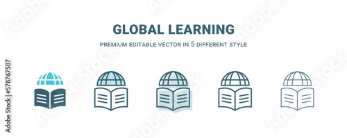 global learning icon in 5 different style. Outline, filled, two color, thin global learning icon isolated on white background. Editable vector can be used web and mobile